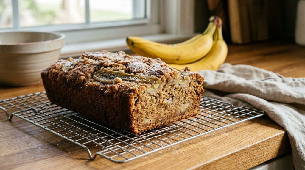 A rustic banana blender cake studded with small pieces of banana on a cooling rack The cake has a golden brown crust and