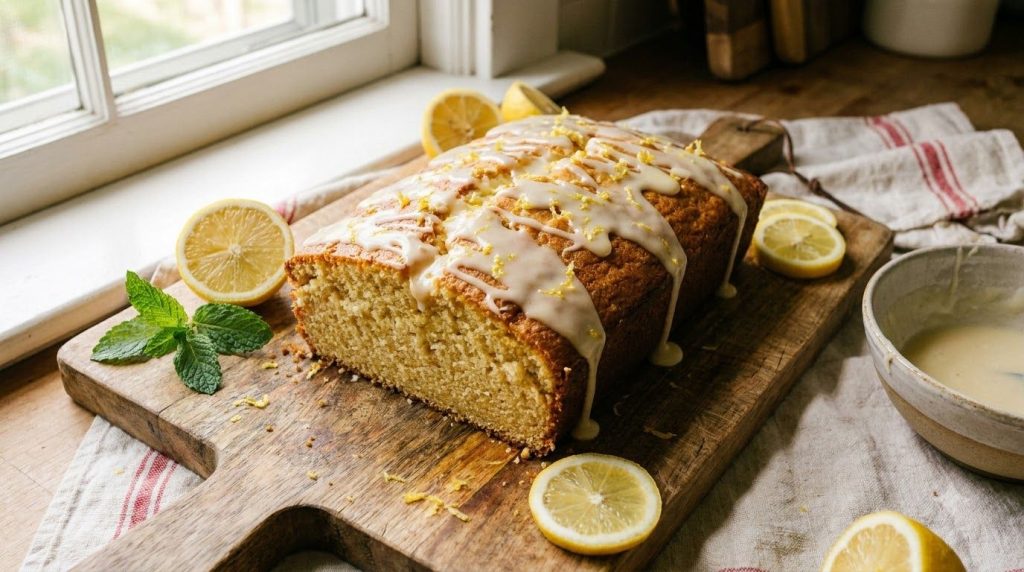A light and airy lemon blender cake topped with a simple lemon glaze and fresh lemon zest The cake is golden yellow and 