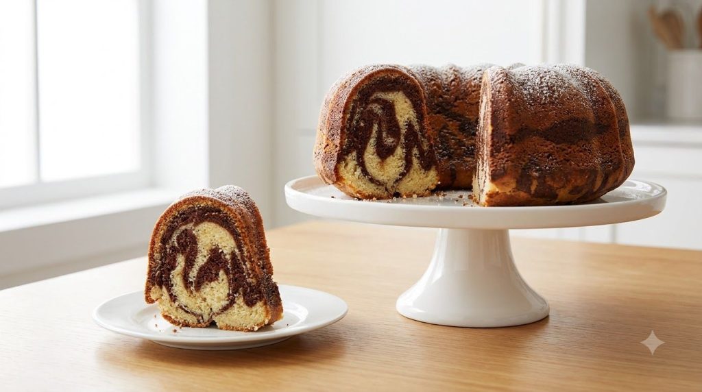 A beautifully swirled marble blender cake showing distinct patterns of light vanilla and dark chocolate batter A slice r