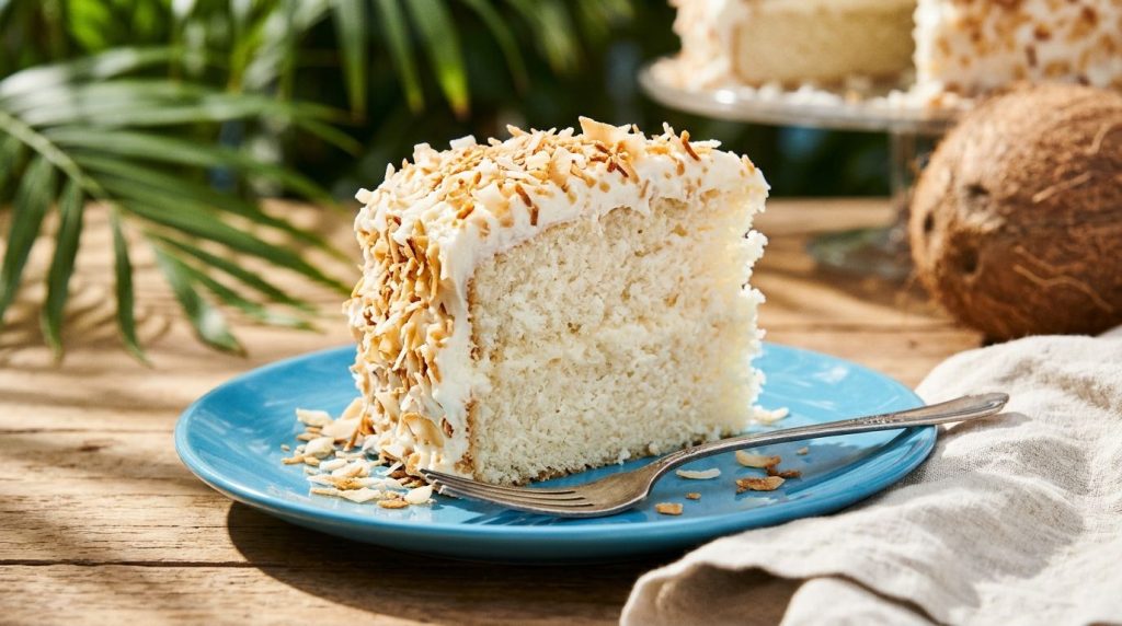 A slice of tropical coconut blender cake on a vibrant blue plate garnished with toasted coconut flakes The cake is white