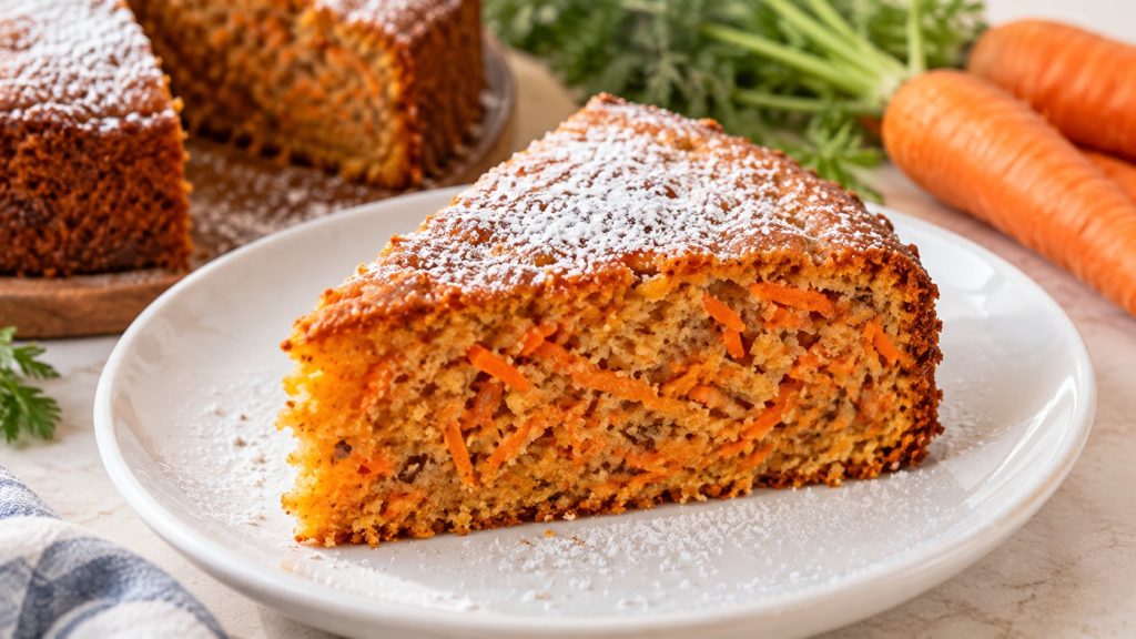 A slice of spiced carrot blender cake on a plate showing specks of shredded carrot and a warm inviting color The cake is