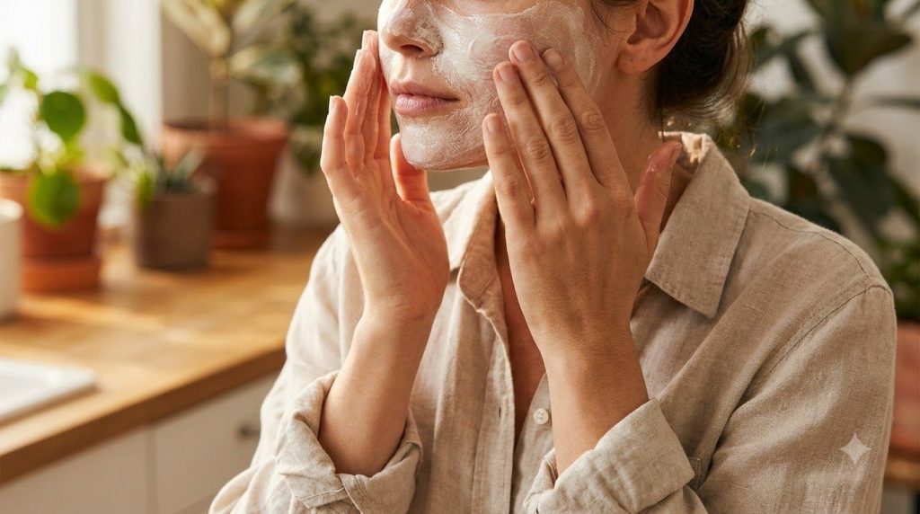 A woman s hands applying a creamy white mixture possibly the Vaseline and baking soda mask with gentle circular motions 
