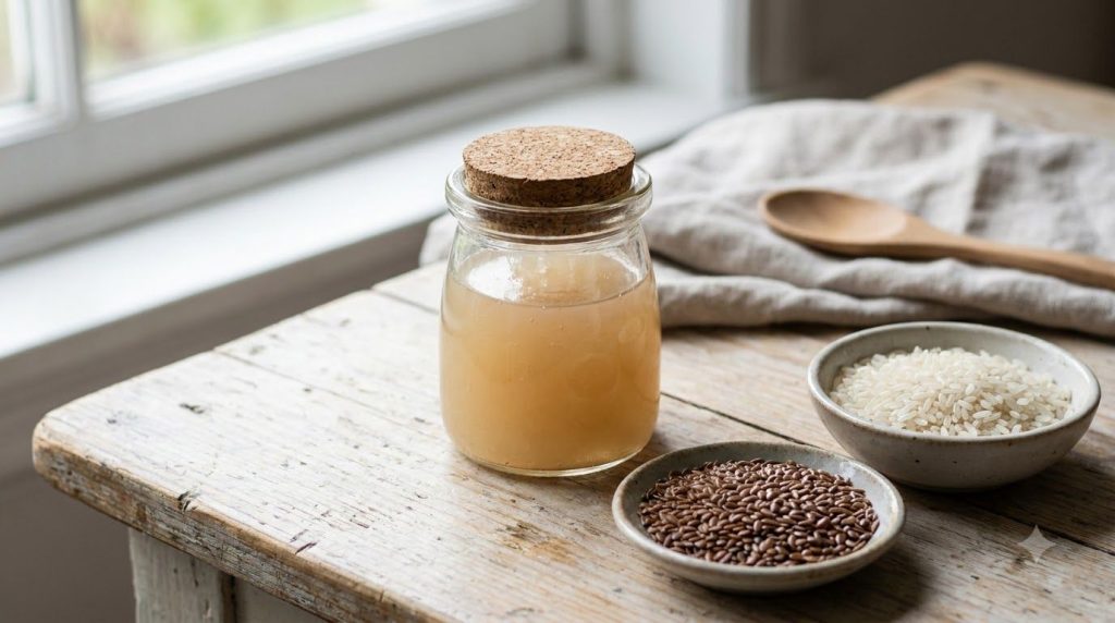 A small glass jar filled with a translucent light amber flaxseed and rice water gel next to a bowl of flaxseeds and a bo