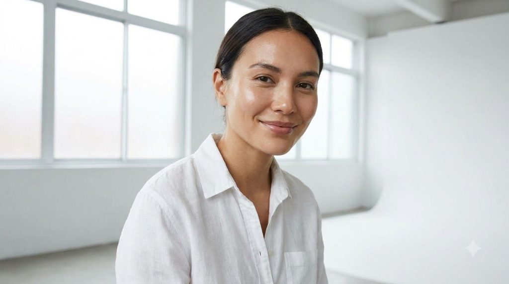 A glowing clear-skinned woman looking refreshed illustrating the glass skin effect with a dewy smooth complexion