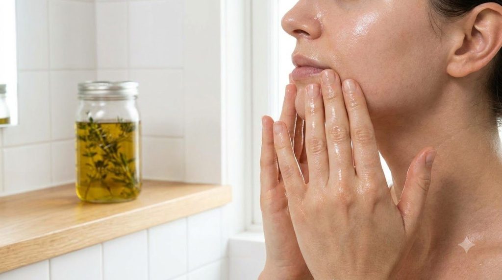 A person s hands gently massaging the homemade infused baby oil onto their face demonstrating a glass skin application t
