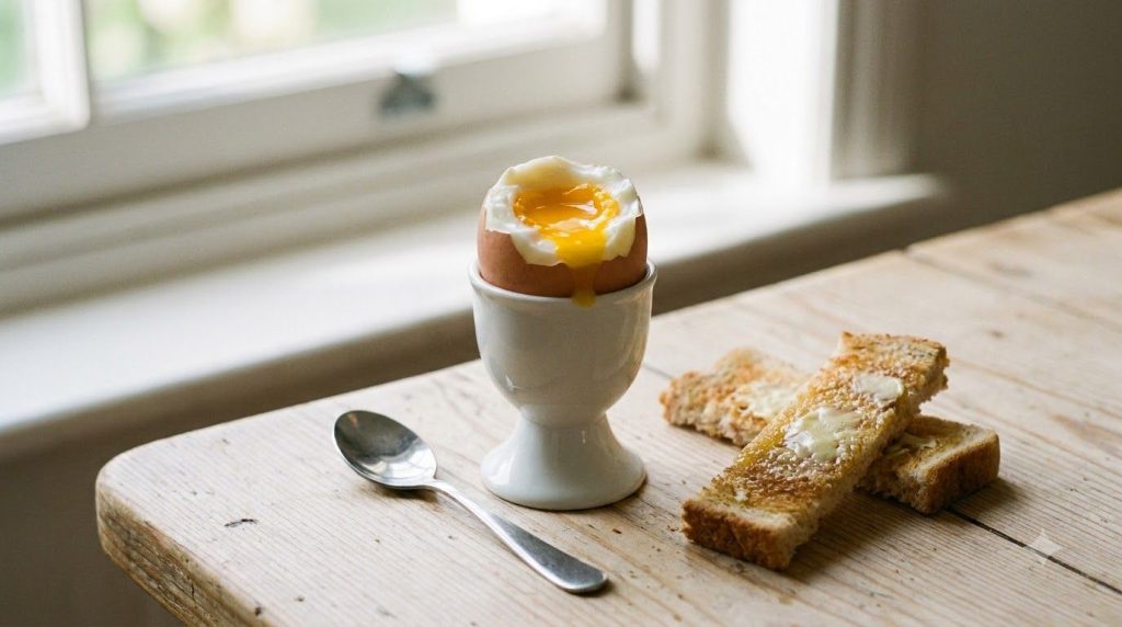 A perfectly soft-boiled egg in an egg cup with the top cut off revealing a vibrant runny yolk Steam might be gently risi