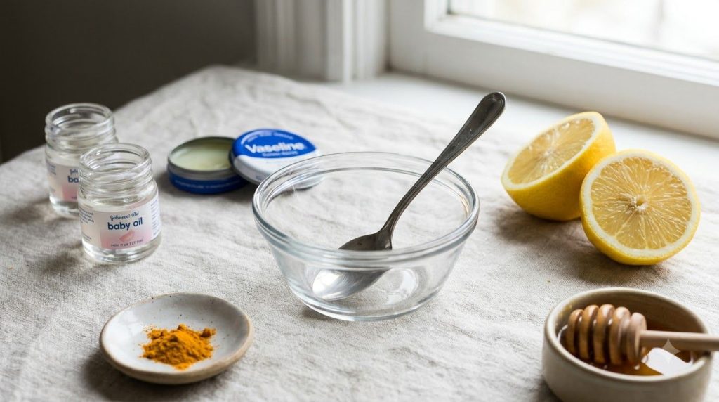 Close-up of a small glass bowl with a spoon surrounded by small containers of baby oil Vaseline lemon halves turmeric po