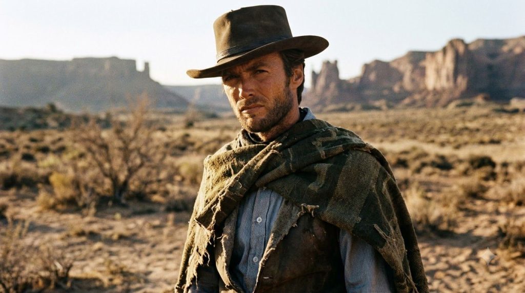 A real archival publicity photo of a young Clint Eastwood from his Dollars Trilogy era wearing a poncho and a hat with a