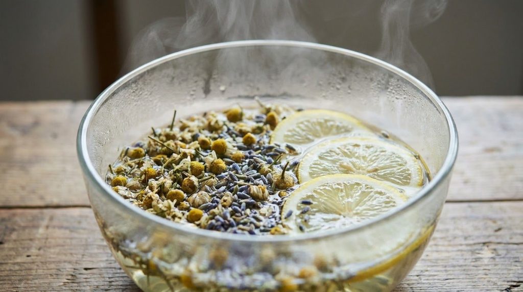 Close-up of a bowl filled with various dried herbs and lemon slices with steam gently rising from hot water just poured