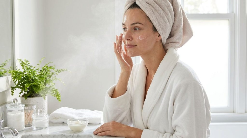 A woman applying a hydrating moisturizer to her freshly steamed face looking refreshed and glowing Her skin appears soft