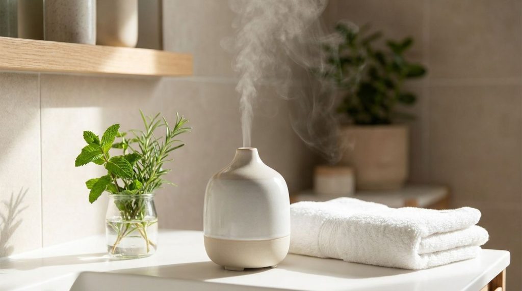 A serene bathroom counter with a small elegant diffuser emitting a gentle mist surrounded by fresh herbs and a clean whi