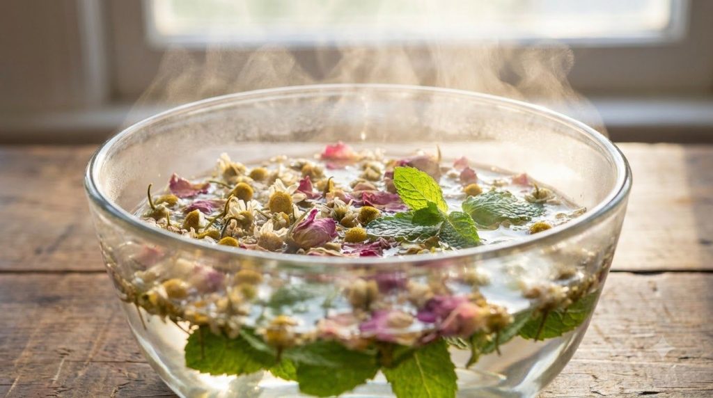 A close-up of a bowl filled with hot water and a beautiful blend of dried chamomile rose petals and fresh mint leaves wi