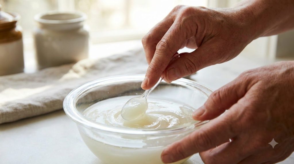 Close-up of a person s hands gently mixing Vaseline and baby oil in a small clean container or in their palm showing the