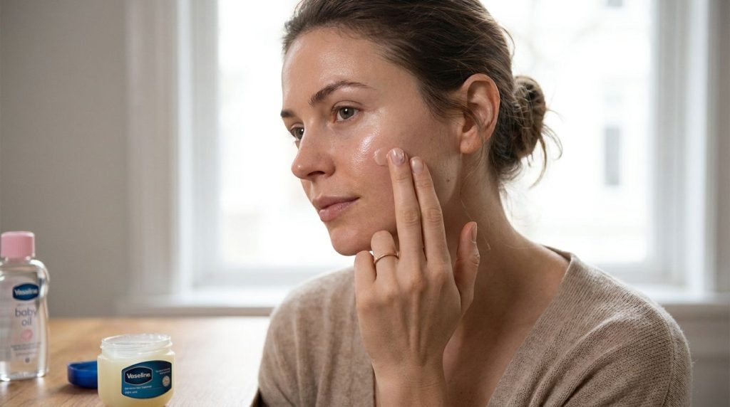 A woman gently dabbing the Vaseline and baby oil mixture onto her cheekbone with her fingertips showing a subtle glow on