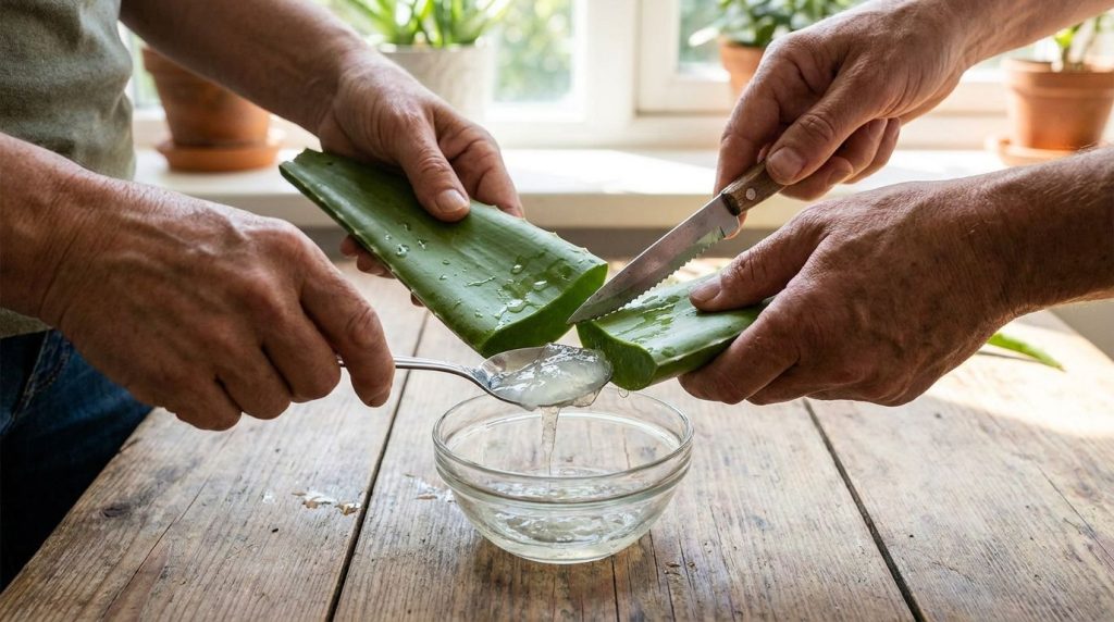 A close-up of a fresh aloe vera leaf being cut to extract the gel with a spoon gently scooping the clear gel into a smal