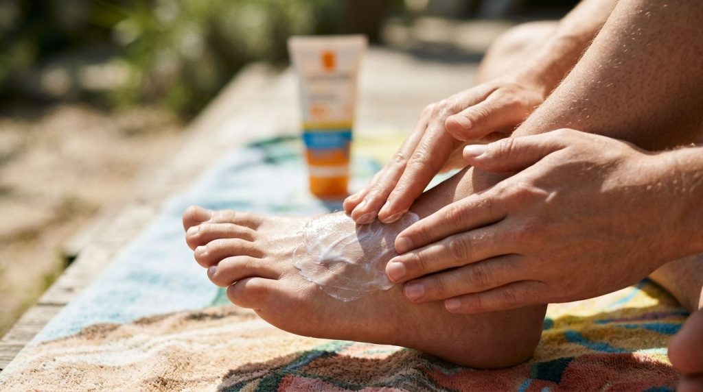 A person applying sunscreen to their feet outdoors emphasizing sun protection for preventing dark spots
