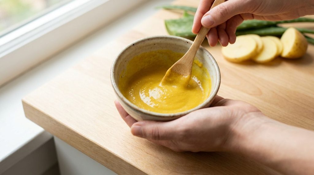 A person s hand mixing the potato juice aloe vera gel and turmeric powder in a small bowl to create a smooth paste for t