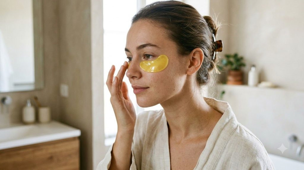 A woman gently applying the yellow under-eye mask beneath her eyes with her fingertips in a bright clean bathroom settin