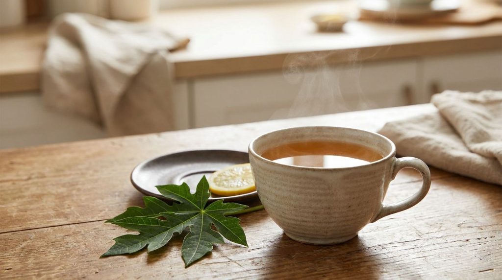 A freshly brewed cup of amber-colored papaya leaf tea with a few papaya leaves arranged beside it perhaps a slice of lem