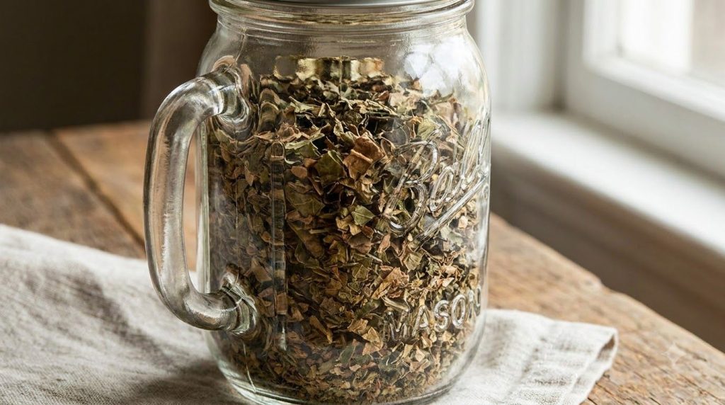 A clear glass jar filled with dried crushed papaya leaves ready for storage or use