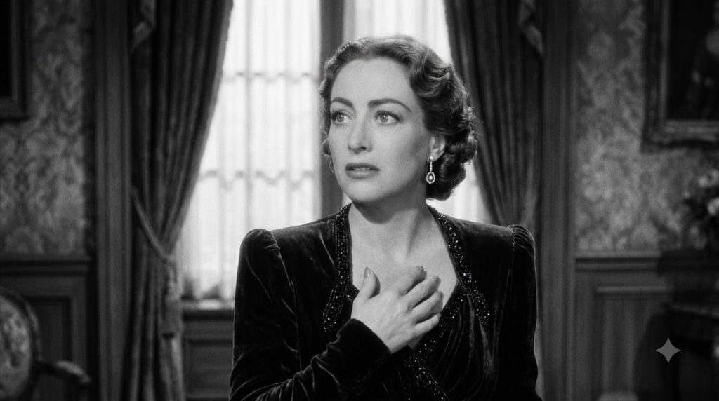 A black and white film still of Joan Crawford from a classic movie showcasing her expressive acting and period costume