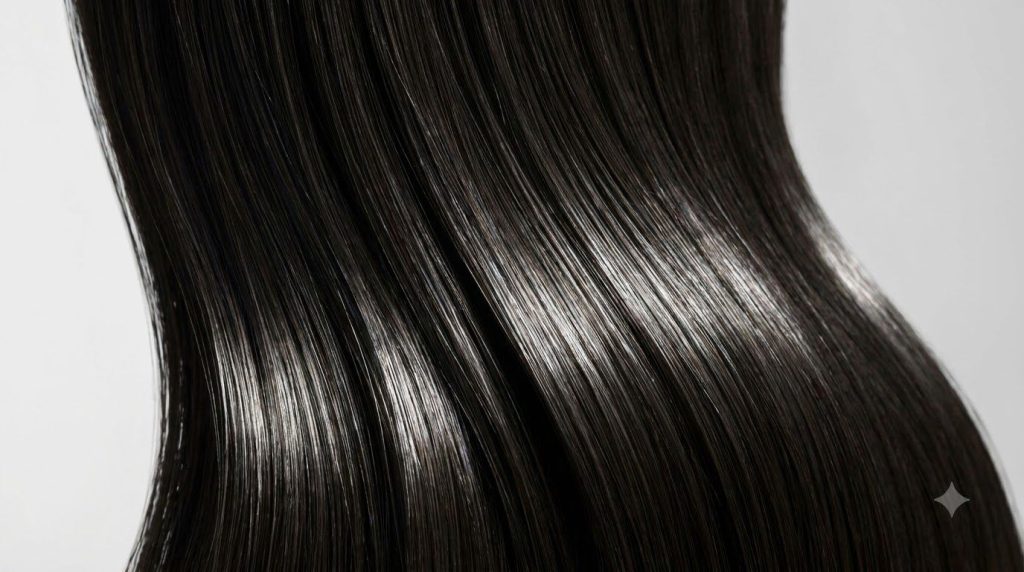A close-up of healthy shiny hair strands possibly after using a hair oil treatment showing improved texture and luster