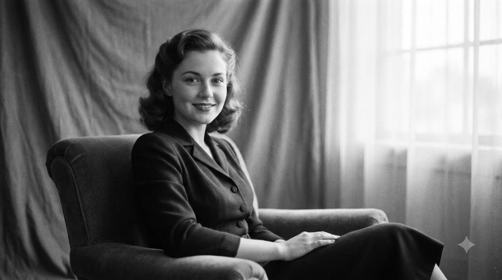 A black and white portrait of a young elegant classic Hollywood actress with a graceful smile