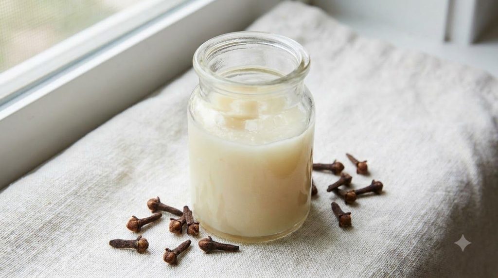 A small glass jar filled with a Vaseline and clove blend with whole cloves visible next to it on a clean background