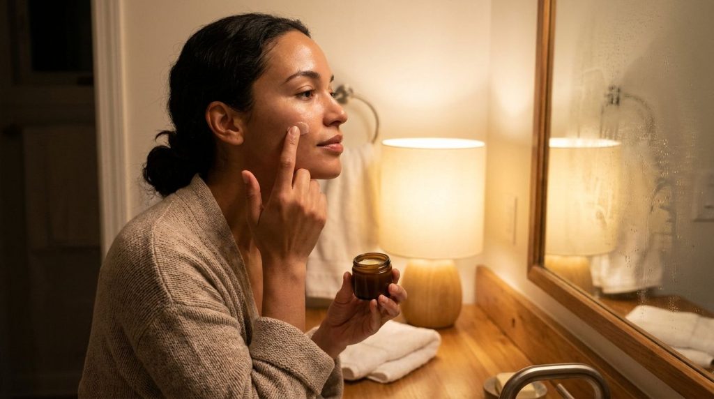 A woman gently applying a small amount of a homemade Vaseline blend to her face at night showing soft glowing skin