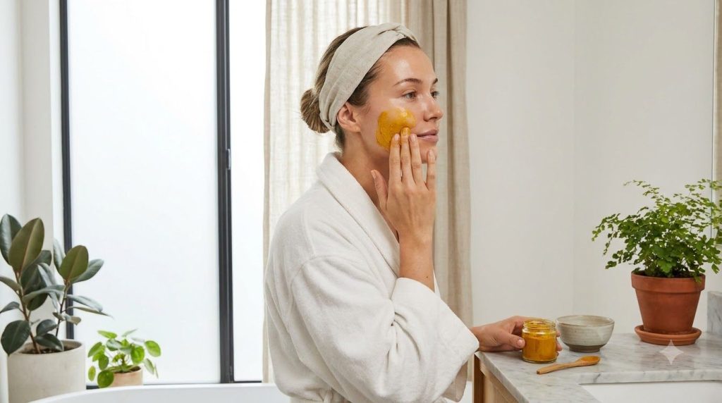 A woman gently applying a yellow turmeric and Vaseline mask to her face in a spa-like setting