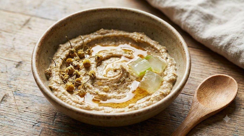 Close-up shot of a small bowl containing the freshly mixed chamomile honey and aloe vera face mask with a small spoon be