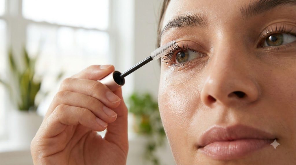 A close-up image of a person applying the lash serum to their eyelashes using a clean mascara wand with soft focused lig