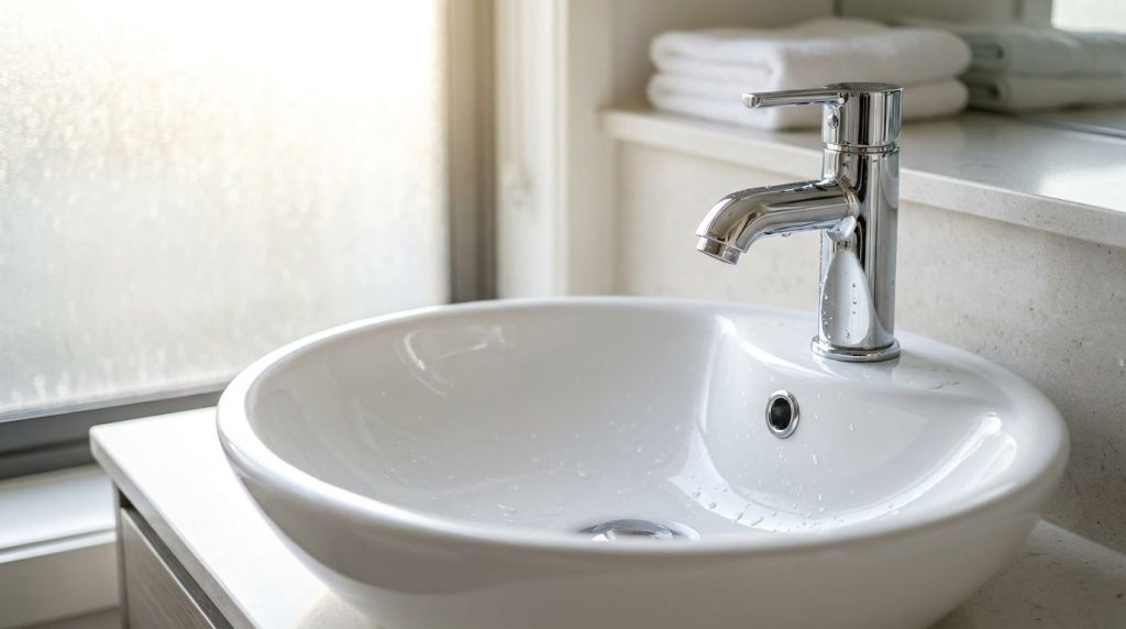 A pristine sparkling white ceramic bathroom sink completely free of stains with a polished chrome faucet reflecting ligh