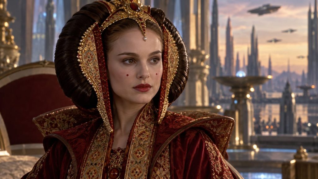 A real film still of Natalie Portman as Queen Padmé Amidala from Star Wars in elaborate costume