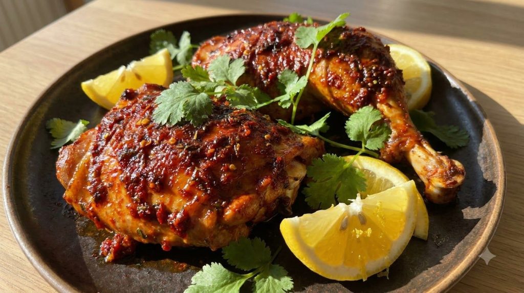 Juicy roasted turkey thighs coated in a vibrant red harissa spice paste garnished with fresh cilantro and lemon wedges