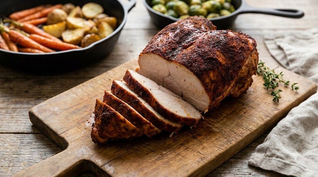 A roasted turkey breast coated in a smoky paprika spice rub sliced and arranged on a cutting board with a side of roaste