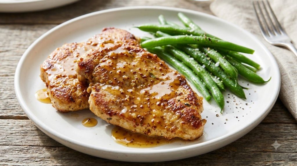 Golden-brown turkey cutlets generously coated in a glossy honey mustard glaze served on a plate with steamed green beans