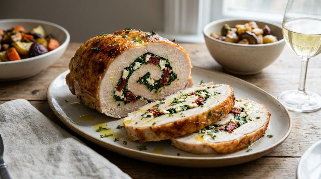 A sliced roasted turkey breast revealing a vibrant Mediterranean stuffing of spinach feta and sun-dried tomatoes beautif
