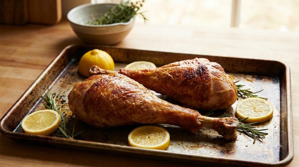Crispy golden-brown roasted turkey drumsticks garnished with fresh lemon slices and rosemary sprigs on a rustic baking s