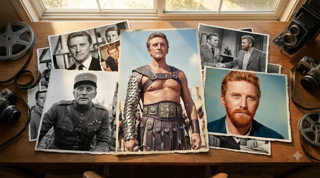 A collage or montage of iconic movie posters or scenes featuring Kirk Douglas highlighting his most famous roles like Sp