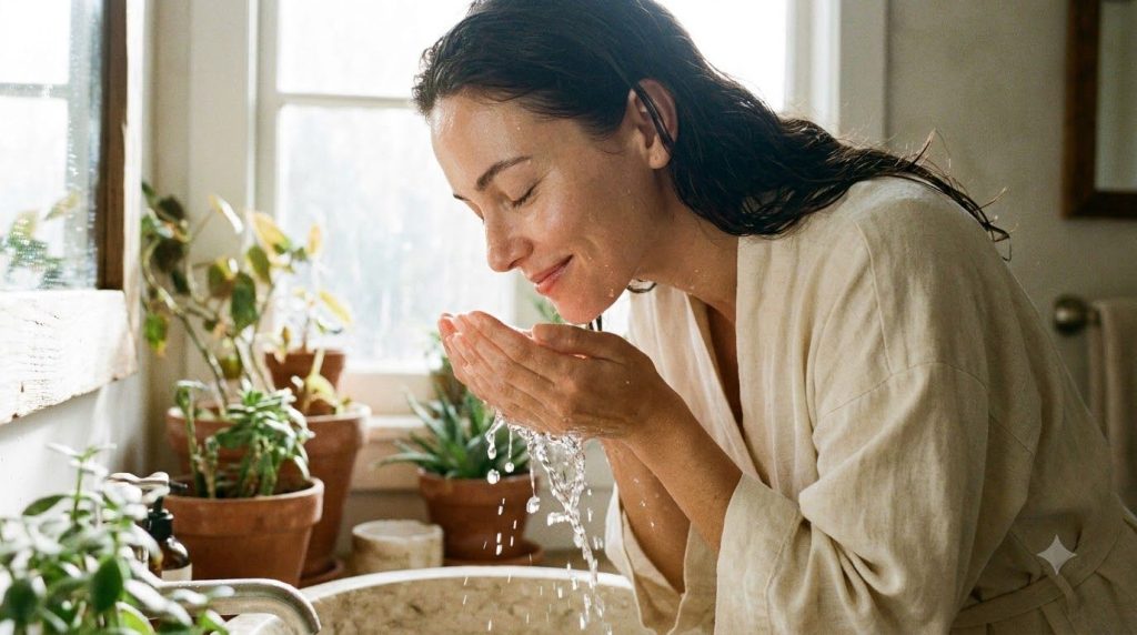 A woman gently rinsing her face with water showing clear radiant skin after having used a facial mask