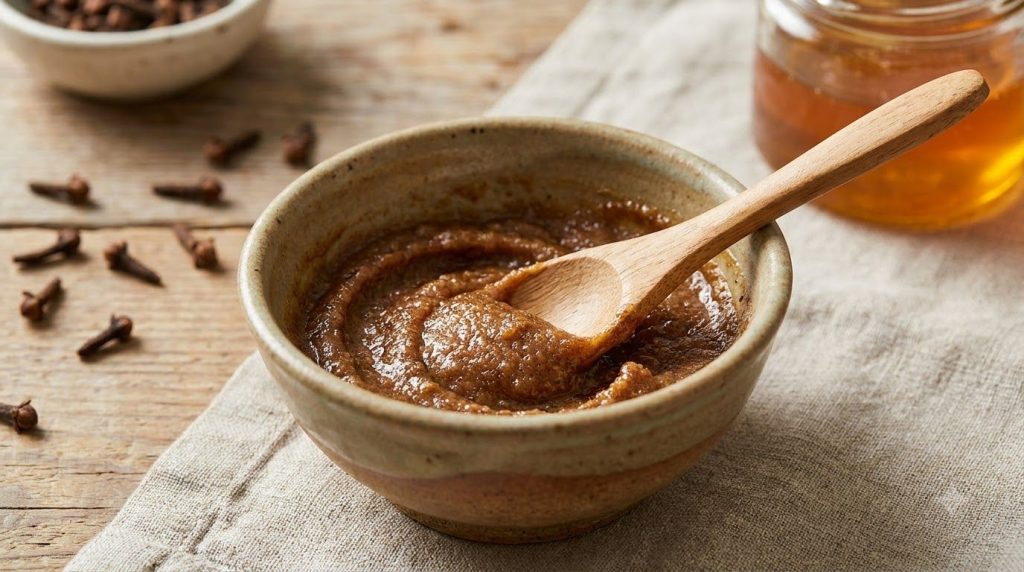 A small bowl containing the mixed clove and honey paste with a spoon for mixing showing the creamy texture ready for app