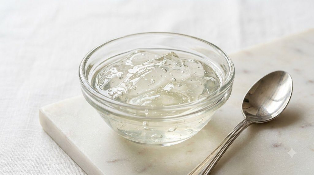 Clear translucent aloe vera gel scooped into a glass bowl with a spoon next to it against a light background