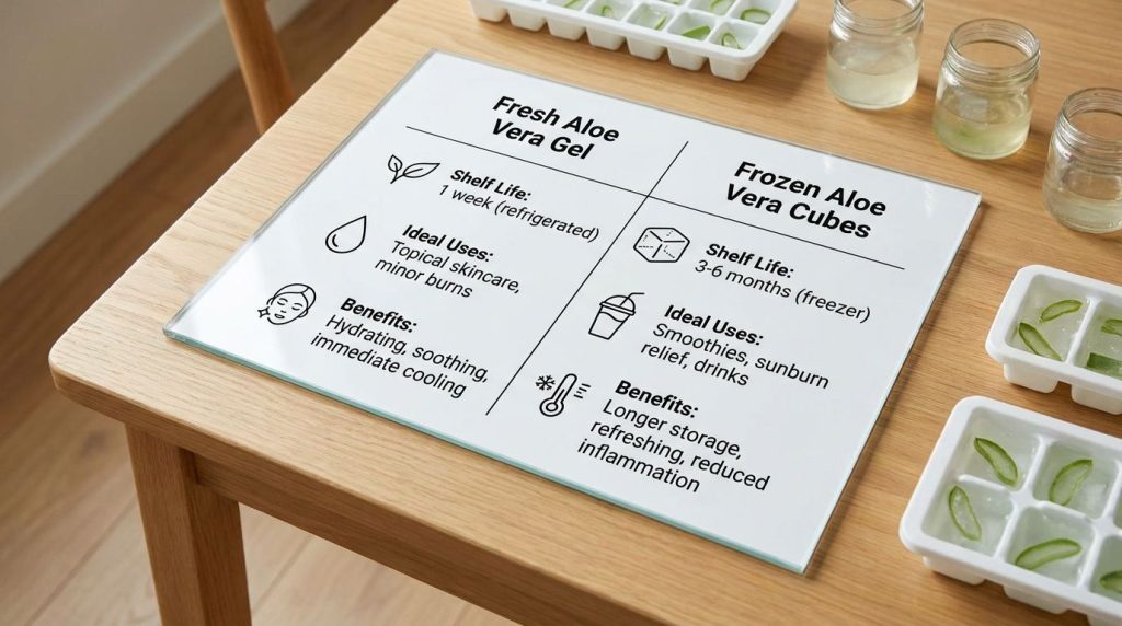 A comparison table showing the shelf life and ideal usage for fresh aloe vera gel vs frozen aloe vera gel cubes