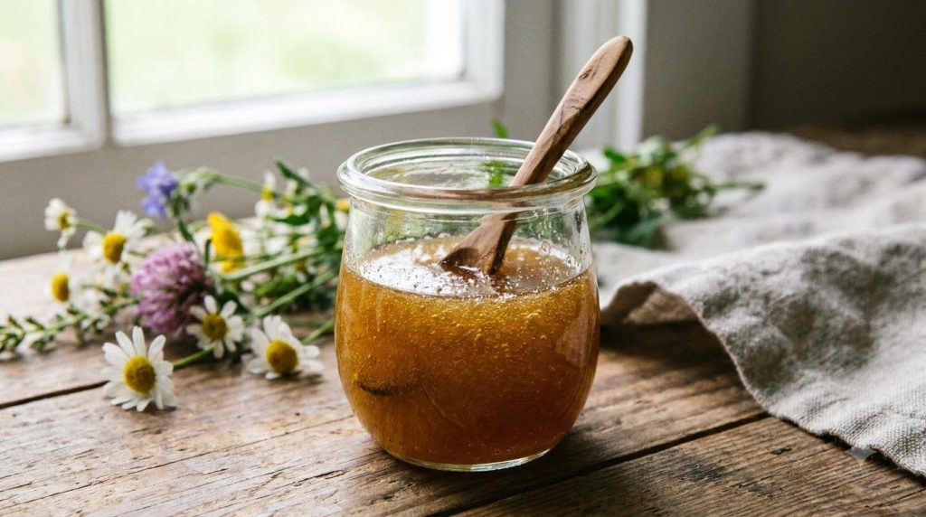 A close-up of a small glass jar filled with a homemade Vaseline and honey skin mix with a tiny wooden spoon in soft natu