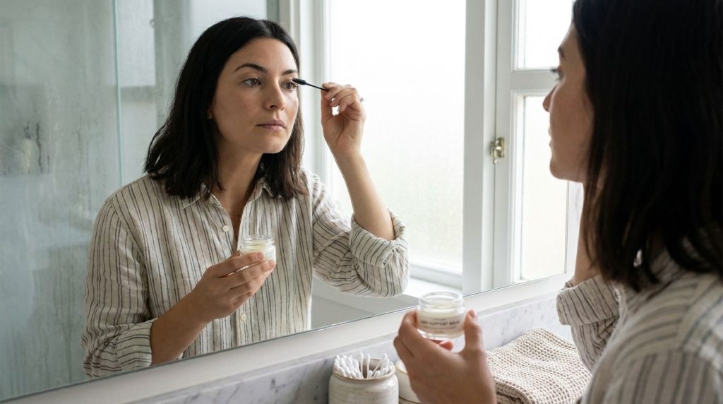 A woman gently applying a small amount of the lash support balm to her clean eyelashes with a clean mascara wand in a ba