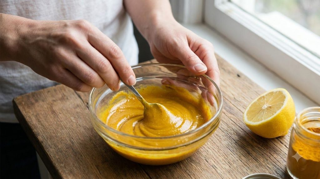 A close-up of hands mixing a yellow paste in a small glass bowl with a spoon showing the smooth texture of the Vaseline 