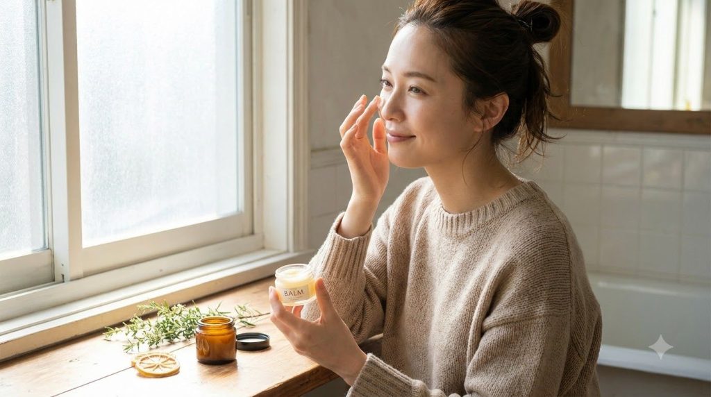 A woman gently applying a thin layer of the yellow Vaseline turmeric and lemon balm to her cheek illustrating the usage 