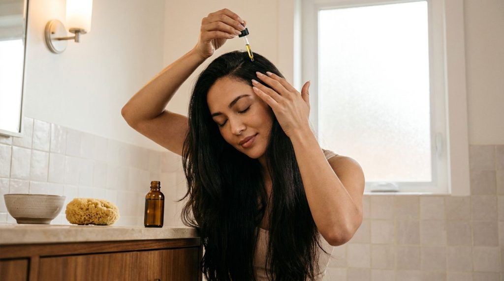 A woman gently massaging the homemade coconut oil hair blend into her scalp and hair showing a self-care beauty routine 