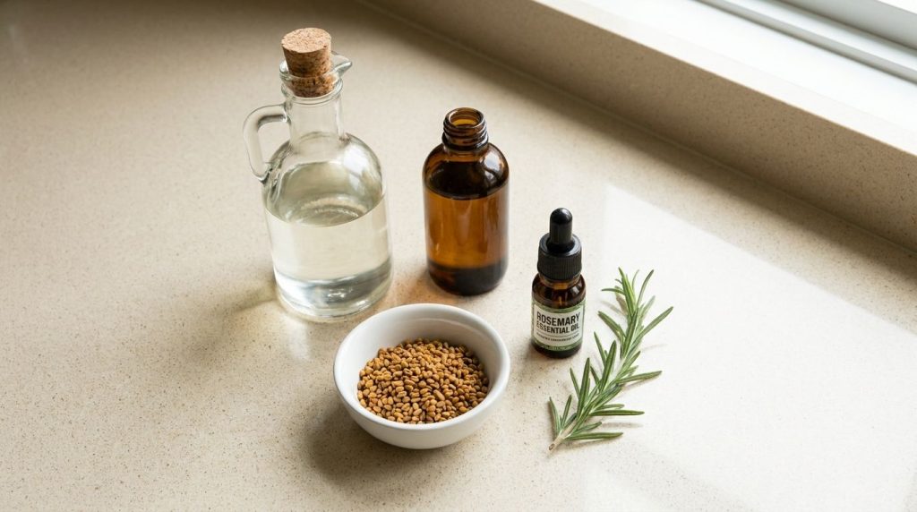 A collection of the key ingredients used in the hair oil recipe a bottle of coconut oil castor oil fenugreek seeds in a 